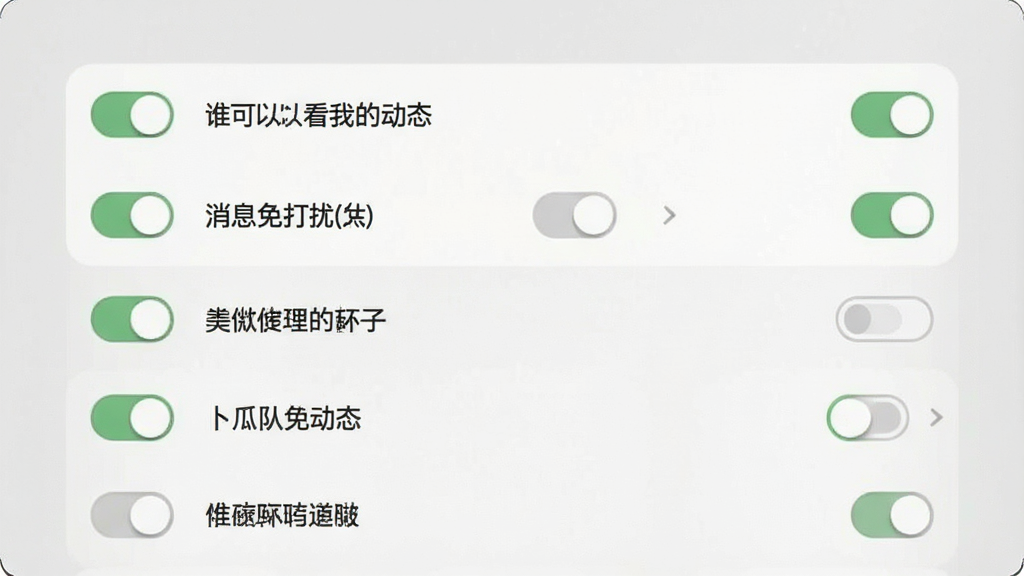 一张展示卜瓜隐私设置页面的图片,画面中显示多个开关按钮和选项菜单,如“谁可以看我的动态”、“消息免打扰”等,界面设计简洁,图标清晰,背景为纯色,风格现代扁平,画质干净无多余元素
