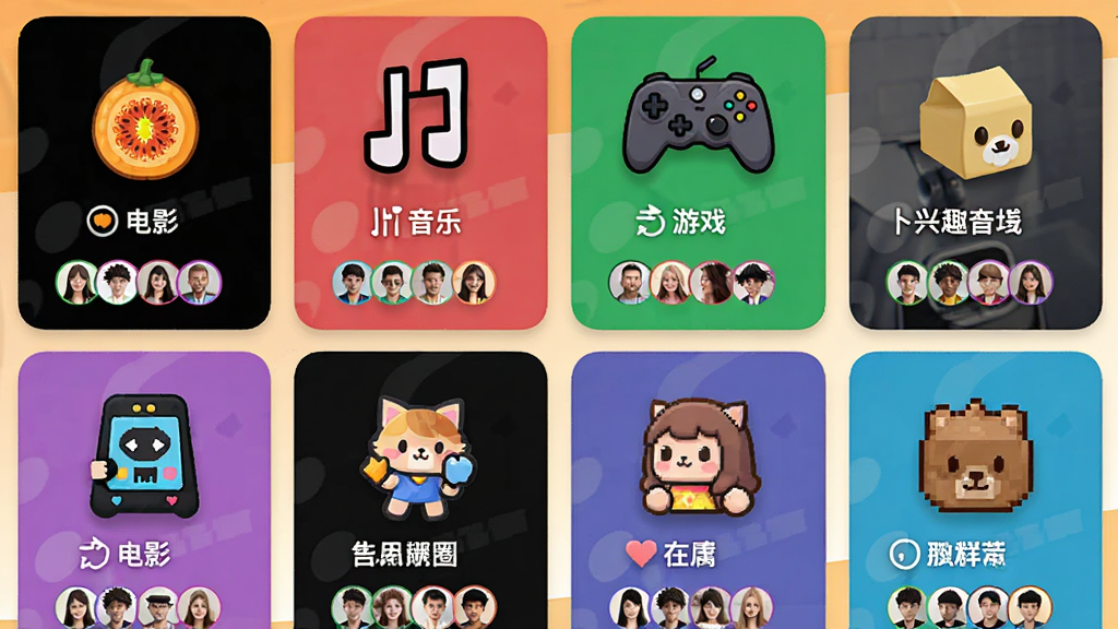 一张展示卜瓜兴趣圈子功能的界面截图,画面中显示多个不同主题的兴趣群组卡片,如电影、音乐、游戏等,每个卡片上有对应的图标和成员头像,布局采用网格排列,风格活泼明快,细节清晰,画质干净无多余元素