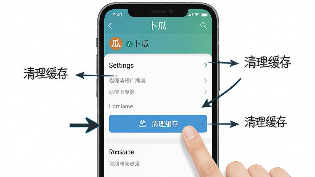 一张展示手机清理缓存操作的示意图,画面中一部手机屏幕显示卜瓜的设置页面,手指正点击“清理缓存”按钮,周围有箭头和文字标注,风格简洁直观,画质干净无多余元素