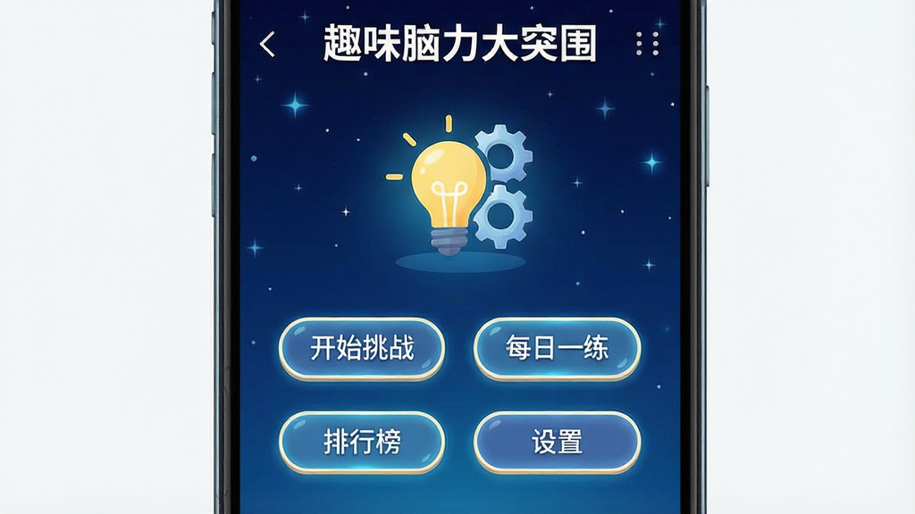 һ��չʾ��Ȥζ������ͻΧ��APP��������ֻ���ͼ���ͼƬ������Ϊһ��������׿�ֻ�����Ļ������ʾ��Ȥζ������ͻΧ����Ϸ���˵�������������ɫ�����ǿգ������з���ĵ��ݺͳ������ͼ�꣬�·������š���ʼ��ս����ÿ��һ���������а񡱡����á��ĸ�Բ�ǰ�ť�����ּ���������Ű���жԳƣ����Ϊ��ƽ���Ƽ��У�ϸ���ϰ�ť����΢�����Ե�����ʸɾ����壬�޶���Ԫ�ظ���