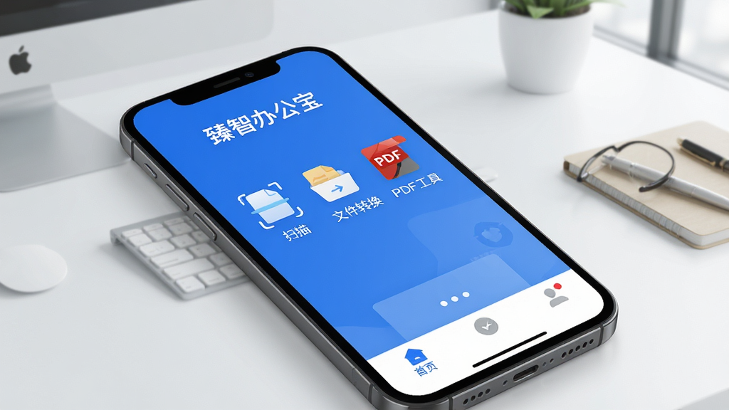 手机屏幕展示“臻智办公宝”应用主界面,界面干净整洁,蓝白配色,顶部显示“臻智办公宝”文字,中间是文档扫描、文件转换、PDF工具等图标,底部为导航栏,背景是简约办公桌面,风格现代扁平,细节清晰,画质干净无多余元素