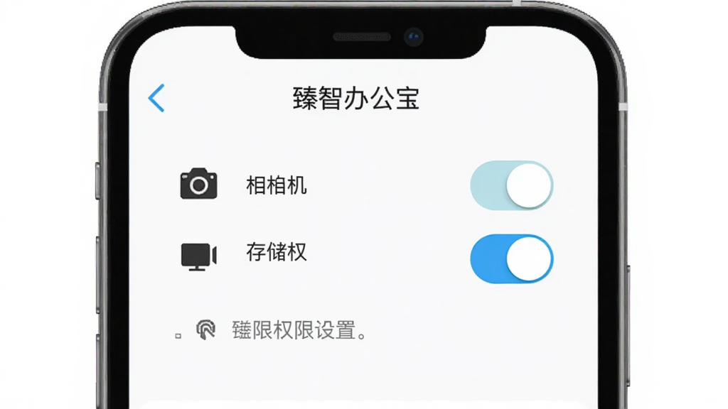 “臻智办公宝”在手机上的权限设置界面,显示相机和存储权限开关,旁边有提示文字,风格简洁,画质清晰