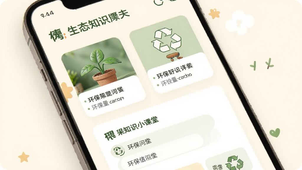 一张展示懋生态APP环保知识小课堂页面的手机界面图,屏幕中有图文卡片和问答模块,卡片上有绿植和回收标志,背景是柔和的米白色,风格温馨简洁,画质干净,无多余元素