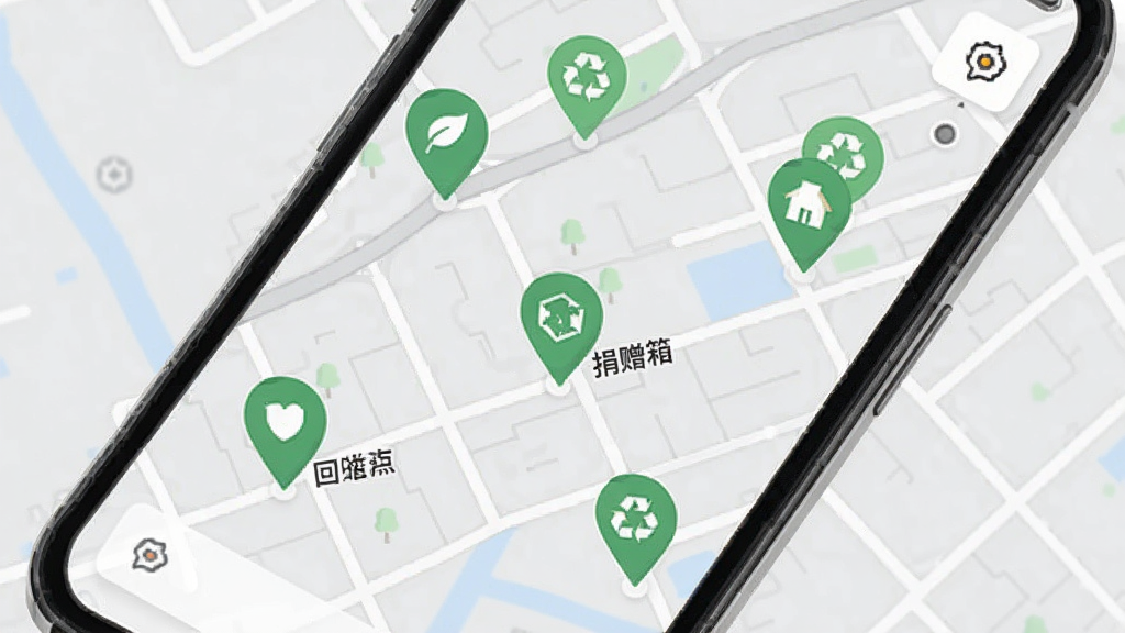 一张展示懋生态APP附近绿色生活地图功能的界面截图,手机屏幕中显示地图上有多个绿色标记点,分别标注回收点、捐赠箱等,背景是简洁的浅灰色地图底色,风格现代扁平,细节清晰,画质干净,无多余元素