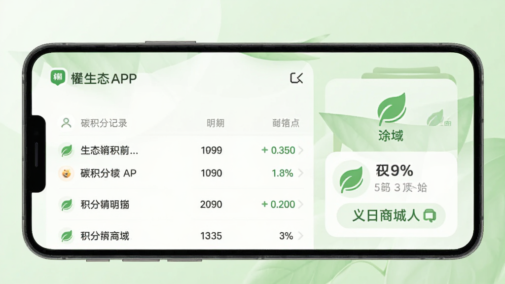 一张展示懋生态APP碳积分记录页面的手机界面图,屏幕中有积分明细列表和积分商城入口,带有绿色树叶图标,背景是柔和的浅绿色渐变,风格清新自然,细节圆润,画质干净,无多余元素
