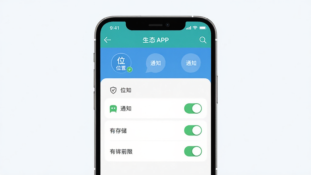一张展示懋生态APP安装权限设置的手机界面示意图,画面中手机屏幕显示应用权限管理页面,有位置、通知、存储等权限开关,背景是简洁的浅色背景,风格干净直观,画质清晰,无多余元素