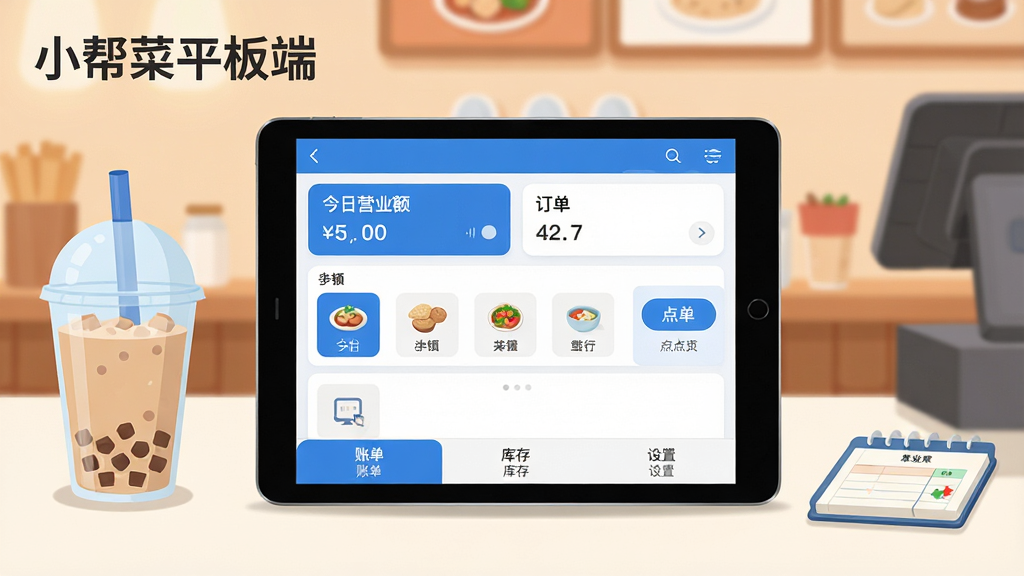一张展示小帮菜平板端核心全貌的场景图,画面中央是一台横放的安卓平板电脑,屏幕上显示着小帮菜平板端的收银主界面,顶部有今日营业额和订单数量卡片,中间是菜品分类图标和点餐按钮,底部是账单、库存、设置三个标签栏,平板旁边摆放着一杯奶茶和一本小账本,背景是温馨的餐饮店收银台环境,风格现代扁平,色调以蓝白为主,细节圆润,画质干净无多余元素,图片中文字标注“小帮菜平板端”