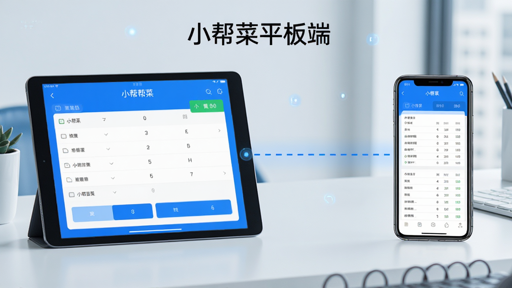 一张展示小帮菜平板端多设备同步功能的场景图,画面左侧是一台平板电脑显示收银界面,右侧是一部手机显示同样的数据报表界面,两者之间用一条虚线连接表示同步,背景是简洁的办公室桌面,风格现代科技感,色调以蓝白为主,细节清晰,画质干净无多余元素,图片中文字标注“小帮菜平板端”
