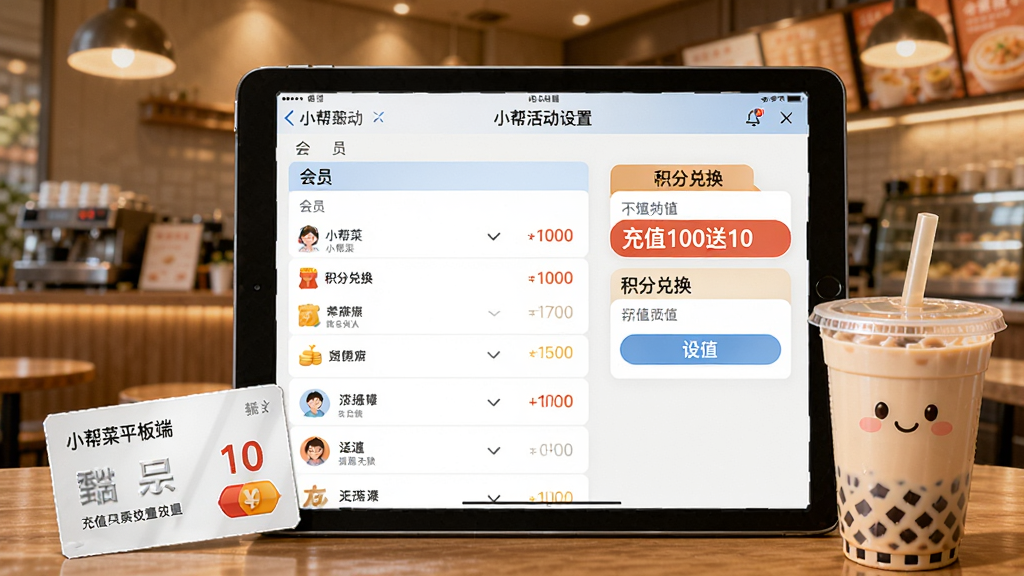 一张展示小帮菜平板端会员管理功能的界面图,平板屏幕上显示会员列表和储值活动设置页面,有“充值100送10”“积分兑换”等文字标签,画面中还有一张会员卡和一杯奶茶作为点缀,背景是温馨的餐饮店环境,风格亲切友好,色调以暖白和蓝色为主,细节清晰,画质干净无多余元素,图片中文字标注“小帮菜平板端”