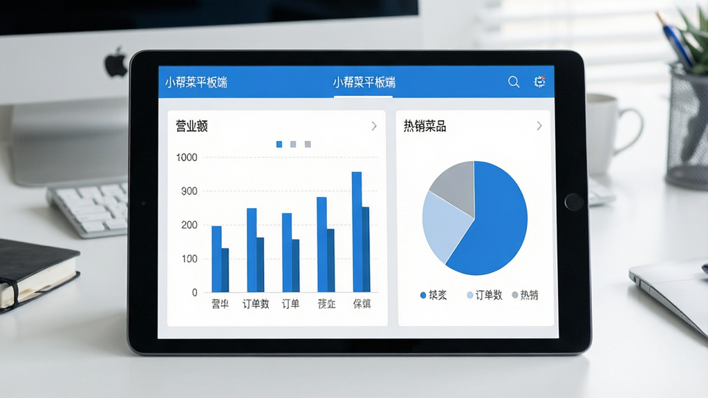 一张展示小帮菜平板端数据报表功能的界面图,平板屏幕上显示柱状图和饼状图,图表中有“营业额”“订单数”“热销菜品”等文字标签,背景是干净的办公桌面,风格现代商务,色调以蓝白和浅灰为主,细节清晰,画质干净无多余元素,图片中文字标注“小帮菜平板端”