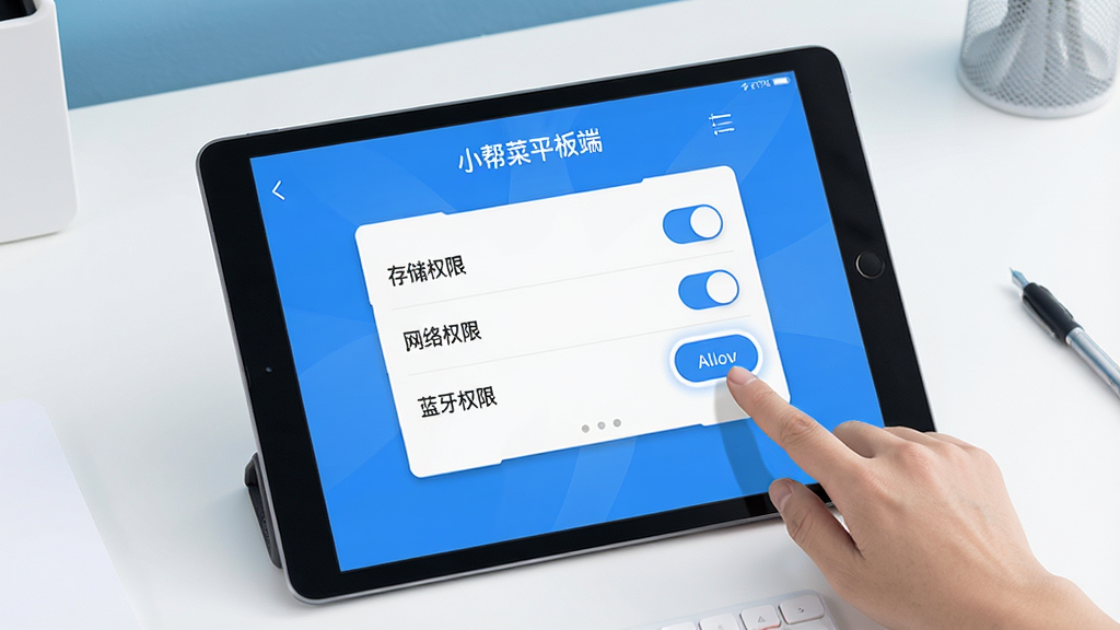一张展示小帮菜平板端安装设置界面的示意图,平板屏幕上显示权限管理页面,有“存储权限”“网络权限”“蓝牙权限”等开关按钮,旁边有手指正在点击允许按钮,背景是简洁的桌面环境,风格现代科技感,色调以蓝白为主,细节清晰,画质干净无多余元素,图片中文字标注“小帮菜平板端”