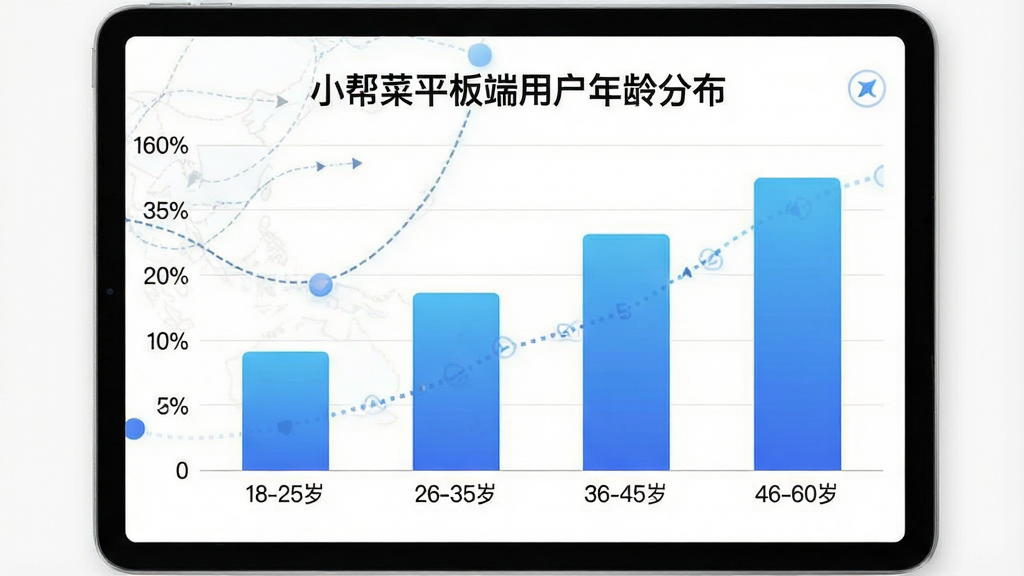 一张展示小帮菜平板端用户年龄分布的柱状图,横轴是年龄段“18-25岁”“26-35岁”“36-45岁”“46-60岁”,纵轴是用户占比百分比,柱状图颜色为蓝色渐变,图表上方有标题“小帮菜平板端用户年龄分布”,背景是干净的白色,风格现代商务,细节清晰,画质干净无多余元素