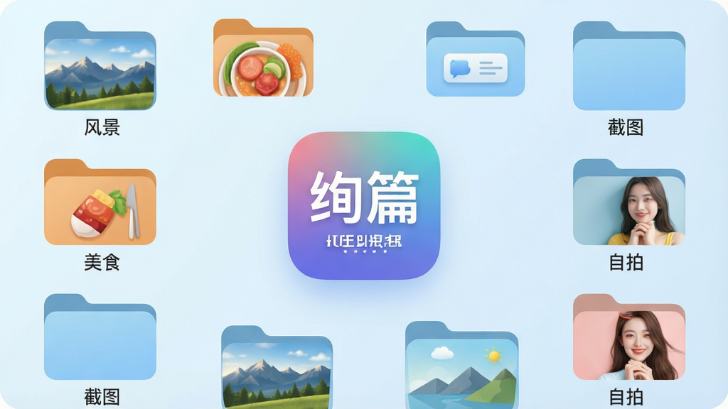 一张手机相册整理界面的插画,画面中央是应用“绚篇”的图标和名称,周围环绕着被自动分类到不同文件夹的照片缩略图,如“风景”“美食”“截图”“自拍”等标签清晰可见,背景是浅蓝色渐变,风格简洁现代,布局居中对称,细节圆润,画质干净无多余元素