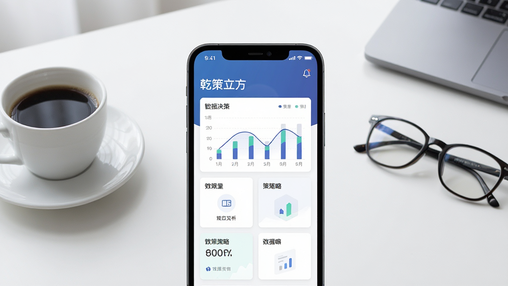一张展示智能决策分析工具核心全貌的场景图,画面中央是手机屏幕,屏幕上显示着“乾策立方”的App界面,界面包含简洁的数据图表和策略卡片,背景是干净的书桌,桌上有一杯咖啡和一副眼镜,风格现代简约,细节清晰,画质干净,无多余元素