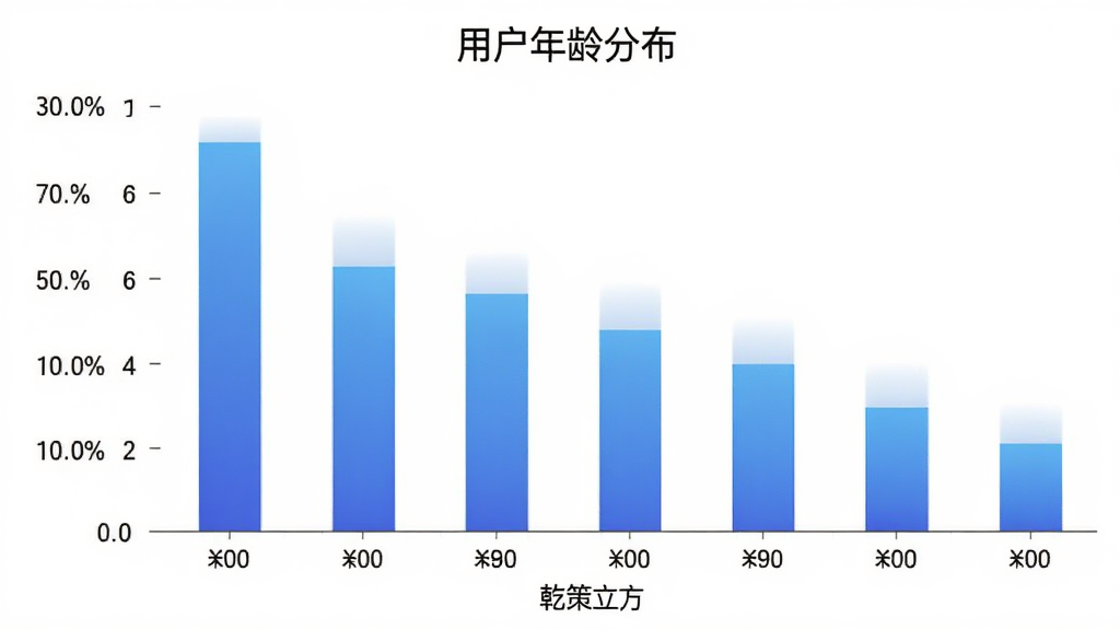 一张柱状图,展示不同年龄段用户使用“乾策立方”的人数占比,横轴是年龄段,纵轴是百分比,柱子颜色为蓝色渐变,图表标题为“用户年龄分布”,背景白色,风格简洁,画质干净,无多余元素