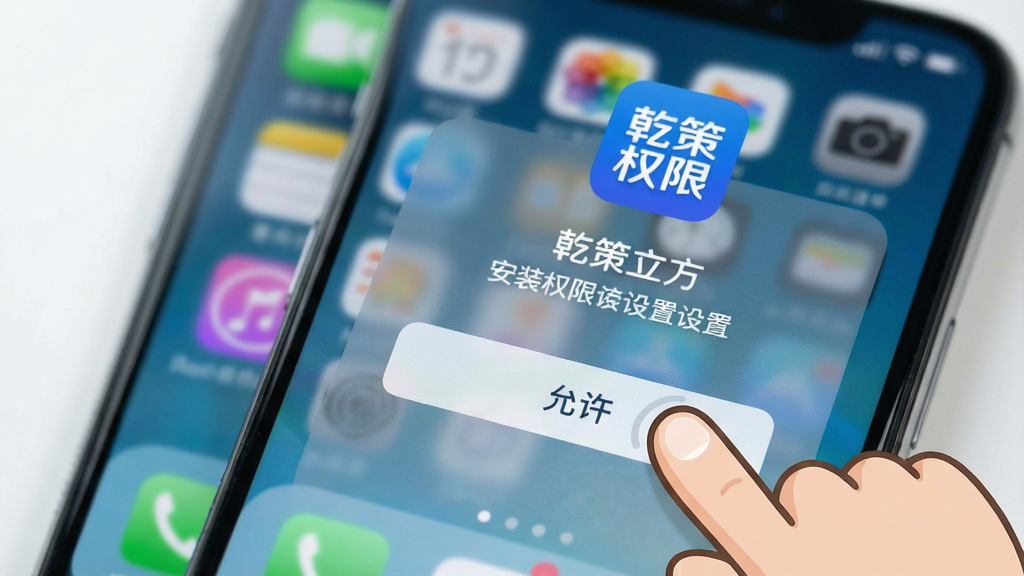 一张手机屏幕特写,屏幕上显示“乾策立方”App的安装权限设置界面,旁边有一个卡通手指正在点击“允许”按钮,背景是模糊的手机桌面,风格清新,细节清晰,画质干净,无多余元素