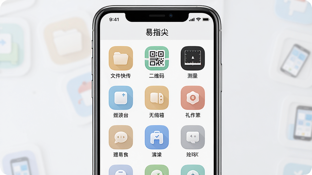一张展示“易指尖”工具箱功能分类的界面截图,画面中央是手机屏幕,屏幕内显示“易指尖”的工具栏页面,图标整齐排列成网格状,每个图标下方有文字标签,如“文件快传”、“二维码”、“测量”等,界面风格简洁,浅色背景,图标设计圆润,画质清晰,重点突出功能丰富但排列有序的感觉。