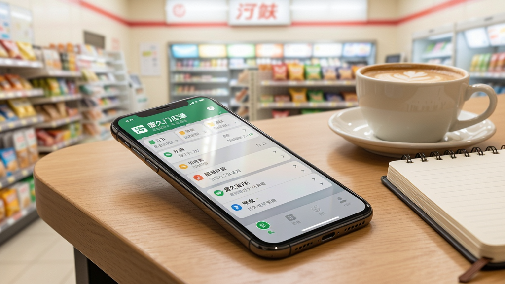 一部智能手机斜放在木质桌面上,屏幕显示“唐久门店通”的订货界面和通知中心,手机旁边有一杯咖啡和一本记事本,背景是明亮的便利店内部环境,布局采用前后景分层,手机为视觉中心,风格为生活化商务场景,色彩温暖自然,细节上手机屏幕反光真实、界面元素清晰,画质干净无多余元素