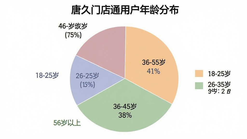 一张饼状图,标题为“唐久门店通用户年龄分布”,图表分为五个扇形区域,分别标注“18-25岁”“26-35岁”“36-45岁”“46-55岁”“56岁以上”,每个区域配有对应颜色和百分比数字,背景为白色,布局居中,风格为简洁数据图表,色彩柔和区分明显,细节上数字清晰、图例完整,画质干净无多余元素