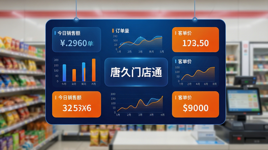 一块智能数据看板悬浮在便利店场景上方,看板正中央显示“唐久门店通”字样,周围环绕着柱状图、折线图和数字卡片,分别标注“今日销售额”“订单量”“客单价”,背景是虚化的便利店货架和收银台,布局采用中心对称式,风格为科技感数据可视化,色彩以深蓝渐变和亮橙点缀,细节上数字清晰、图表圆润,画质高清干净无多余元素