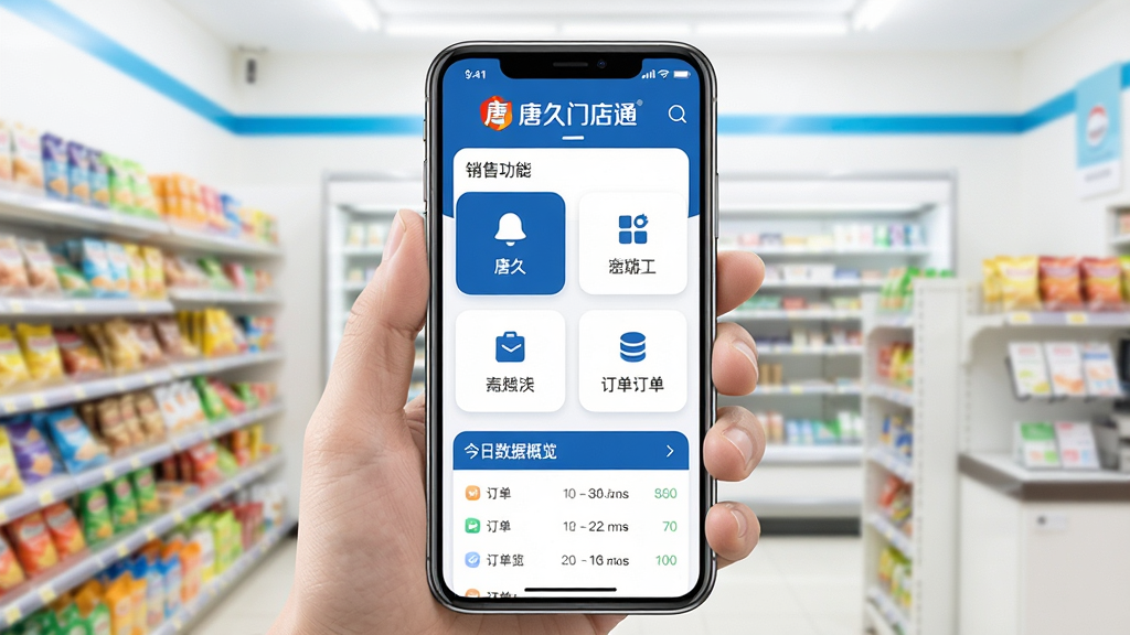 手机屏幕居中展示“唐久门店通”应用主界面,背景是明亮的便利店货架场景,画面主体为一只手拿手机查看店铺经营数据,手机屏幕显示销售报表和订单列表,布局采用上下分层结构,上方是品牌标识,中部为功能入口卡片,下方为今日数据概览,风格偏现代扁平化商务风,色彩以唐久品牌蓝和白色为主,细节上带有圆角图标和柔和阴影,画质清晰干净无多余元素
