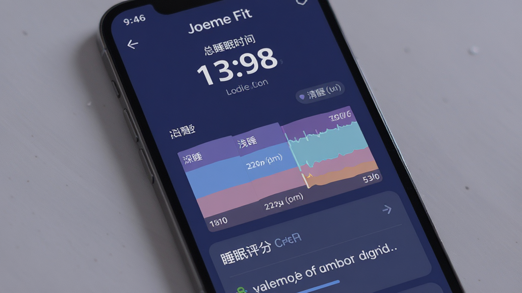 Joeme Fit 睡眠监测报告页面,手机屏幕展示前一晚的睡眠数据,顶部是总睡眠时长数字,中间是深睡、浅睡、清醒的彩色堆叠条形图,底部是睡眠评分和建议文字,界面配色柔和,以深蓝色和紫色为主,风格宁静舒适,画质清晰无杂乱
