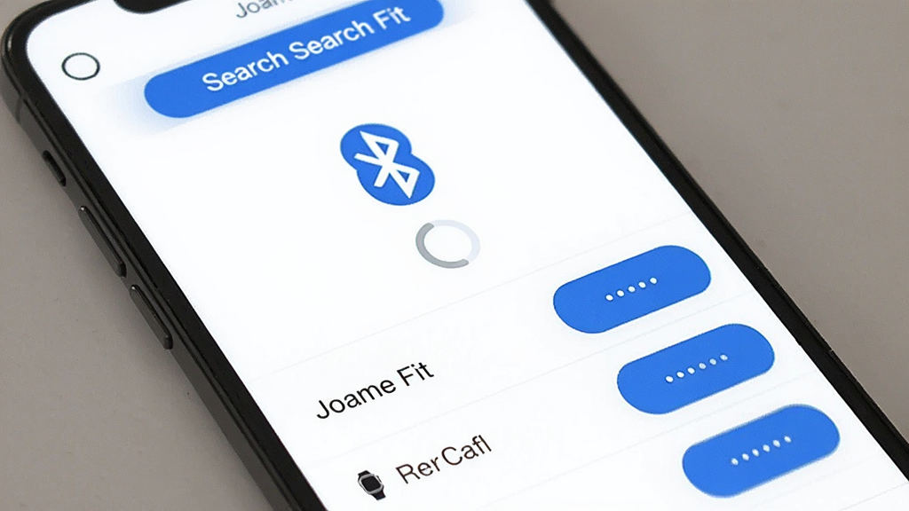 Joeme Fit 设备连接界面,手机屏幕显示正在搜索附近的智能手表,屏幕中央有一个蓝牙图标和旋转的加载动画,下方列表显示已发现的设备名称,界面背景为纯白色,按钮为蓝色圆角矩形,文字清晰,风格简约,画质干净无多余元素