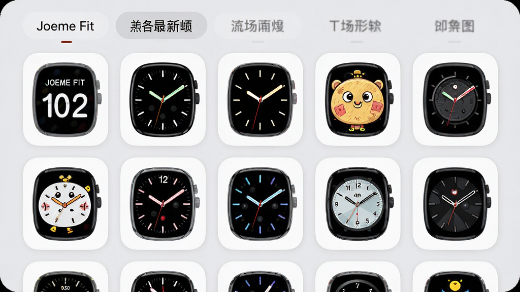 Joeme Fit 表盘市场界面,手机屏幕显示多个表盘预览缩略图排列成网格状,每个表盘样式不同,有数字式、指针式、卡通风格等,顶部有分类标签,界面背景为浅灰色,缩略图圆角卡片设计,风格活泼,画质清晰