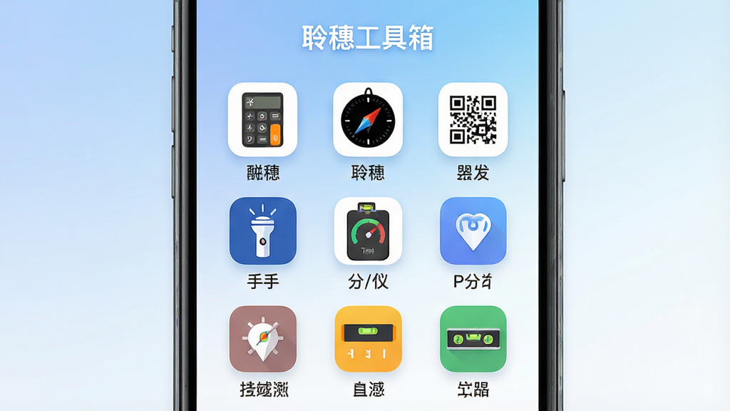 一张信息图风格的图片,画面中央是一个虚拟的手机界面,界面内以九宫格形式展示了“聆穗工具箱”的多个工具图标,包括计算器、指南针、二维码、手电筒、分贝仪、水平仪等,图标下方标有中文功能名称,背景为柔和的蓝白渐变,整体风格清爽现代,画质干净,无多余装饰元素