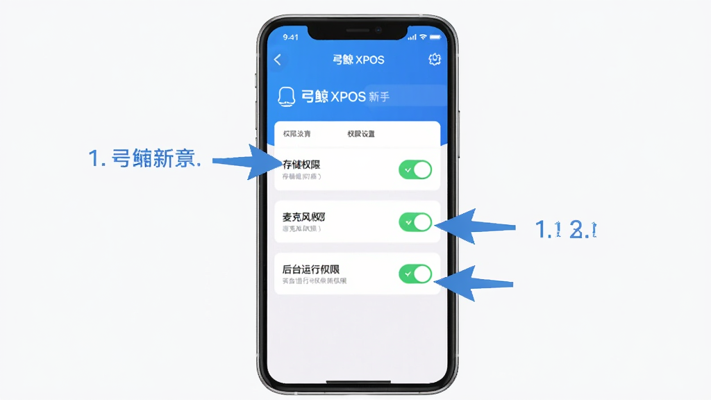 弓鲸XPOS 新手设置引导图,手机屏幕显示弓鲸XPOS应用内的权限设置页面,有存储权限、麦克风权限、后台运行权限三个开关处于开启状态,界面清晰,箭头标注操作步骤,蓝白配色,风格简洁,画质干净无多余元素