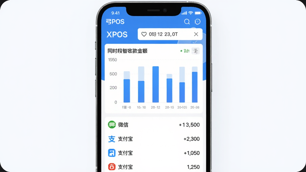 弓鲸XPOS 智能账单分类 功能界面图,手机屏幕显示弓鲸XPOS应用内的账单统计页面,有柱状图展示不同时段收款金额,下方列表按微信、支付宝分类汇总,顶部有日期筛选器,蓝白配色,图表清晰,风格简洁现代,画质干净