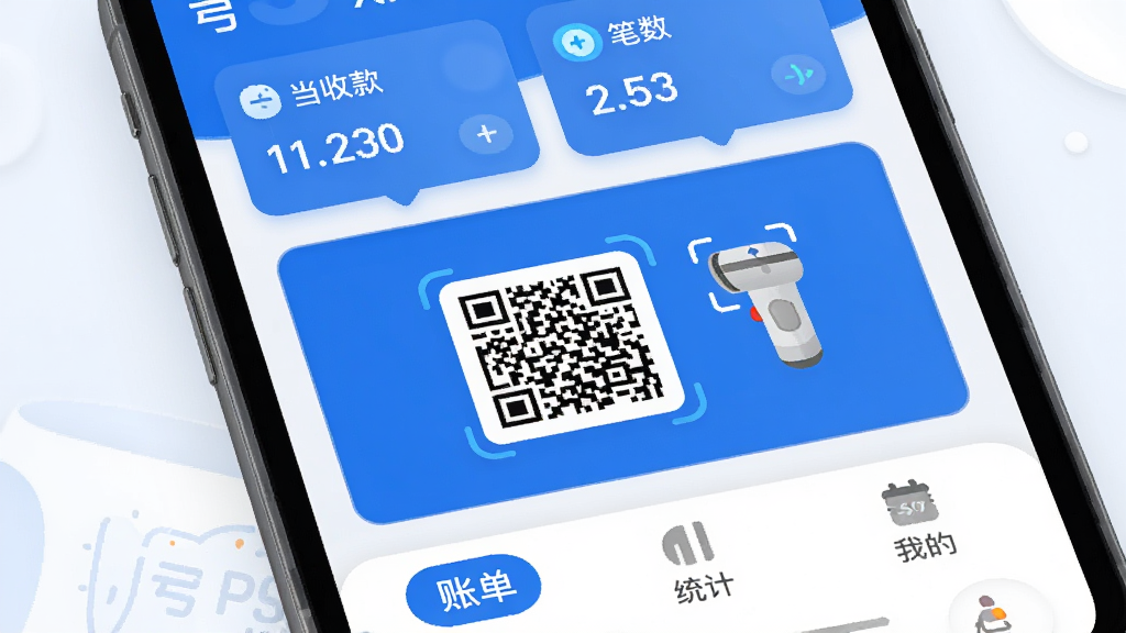 弓鲸XPOS 移动收款助手 主界面展示图,画面中央是手机屏幕特写,屏幕内显示弓鲸XPOS应用主界面,顶部有当日收款总额和笔数卡片,中间是醒目的收款二维码和扫码枪图标,底部为账单、统计、我的三个选项卡,布局清晰,蓝白配色,风格现代扁平,细节圆润,画质干净,无多余元素