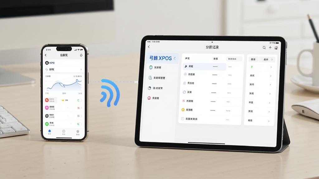 弓鲸XPOS 多设备协同管理 示意图,画面展示一部手机和一台平板电脑通过弓鲸XPOS应用连接,手机屏幕显示总览面板,平板屏幕显示分店收款记录,两者之间有无线连接图标,背景为浅色办公桌面,风格科技简约,画质干净