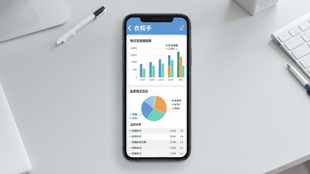 衣帮手经营数据报表功能展示,主体为手机屏幕显示数据看板,包含柱状图展示每日营业额趋势、饼图展示品类销售占比、列表展示热销款式排行,布局为手机居中,背景为浅灰色办公桌面,排版整洁有序,风格为现代数据可视化扁平风,细节上图表颜色为蓝绿橙搭配,画质高清干净无多余元素