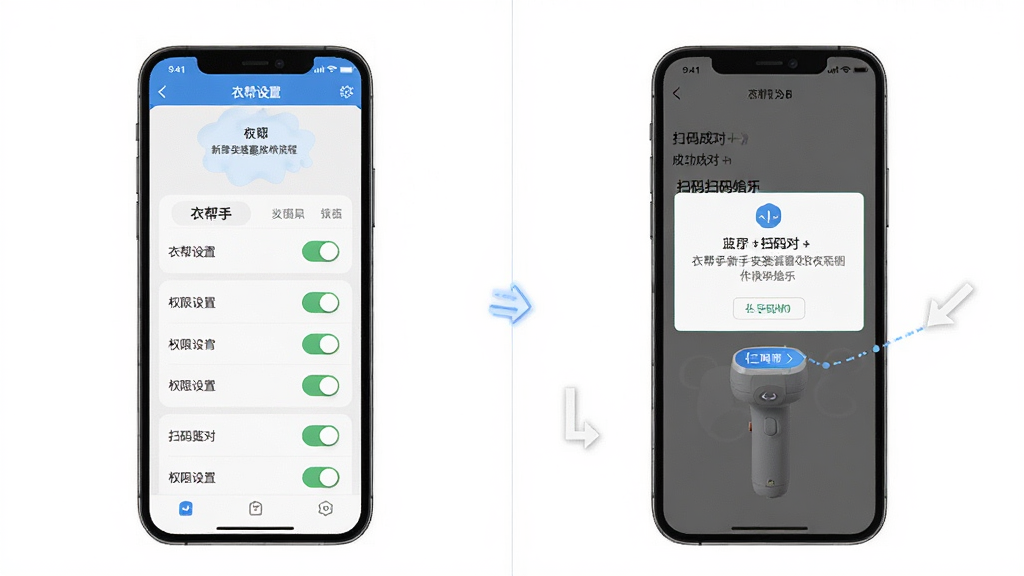 衣帮手新手安装设置操作流程图,主体为一部手机展示衣帮手APP的权限设置页面和扫码配对界面,布局为左右分栏,左侧显示权限开关列表,右侧显示蓝牙扫码枪配对成功提示,排版清晰分步,风格为简洁教程风,细节上手机界面有高亮标注,背景为纯白,画质高清干净无多余元素