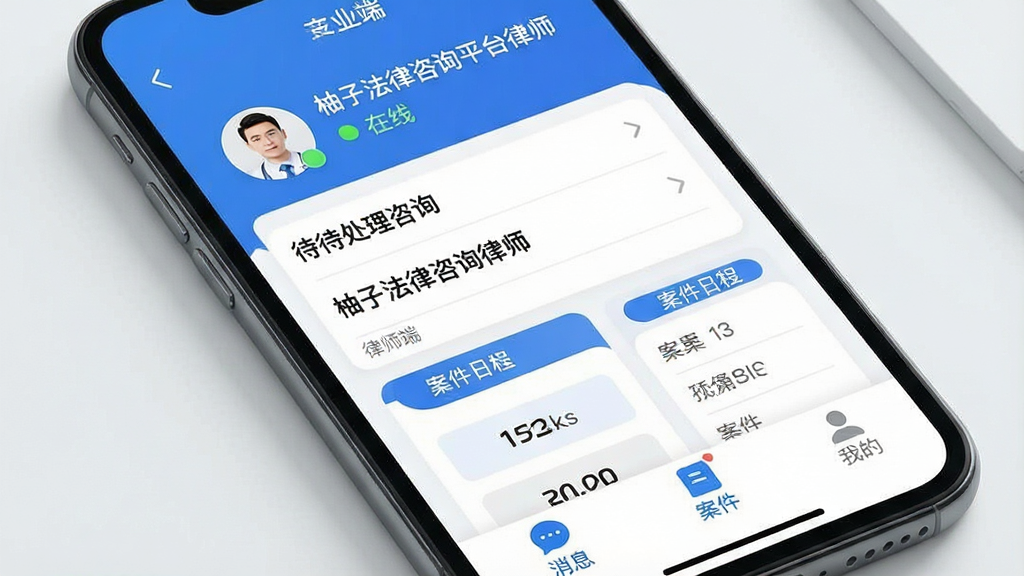 一张手机屏幕特写图,画面中央展示“柚子法律咨询平台律师端”的应用主界面,顶部显示律师头像和在线状态,中间是待处理咨询列表和案件日程卡片,底部有消息、案件、我的三个导航标签,整体采用蓝白配色,布局干净整洁,风格现代简约,细节圆润,画质清晰无多余元素