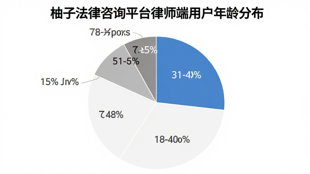 一张饼状图,标题为“柚子法律咨询平台律师端用户年龄分布”,图中显示18-30岁占比18%,31-40岁占比32%,41-50岁占比35%,51-60岁占比15%,配色为蓝白灰三色,图表简洁清晰,背景白色,无多余装饰