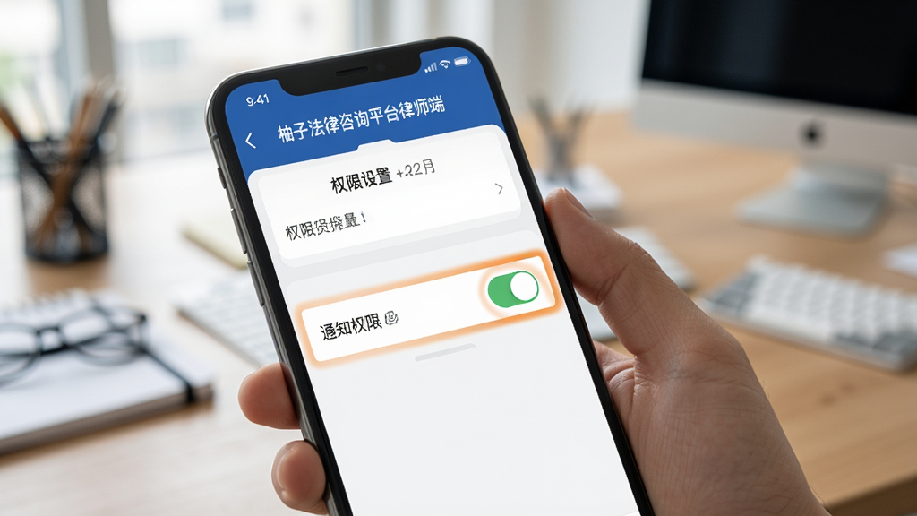 一张手机操作示意图,画面中一只手拿着手机,屏幕上显示“柚子法律咨询平台律师端”的权限设置页面,通知权限开关被高亮标注,背景是模糊的办公桌场景,风格写实,画质清晰,重点突出