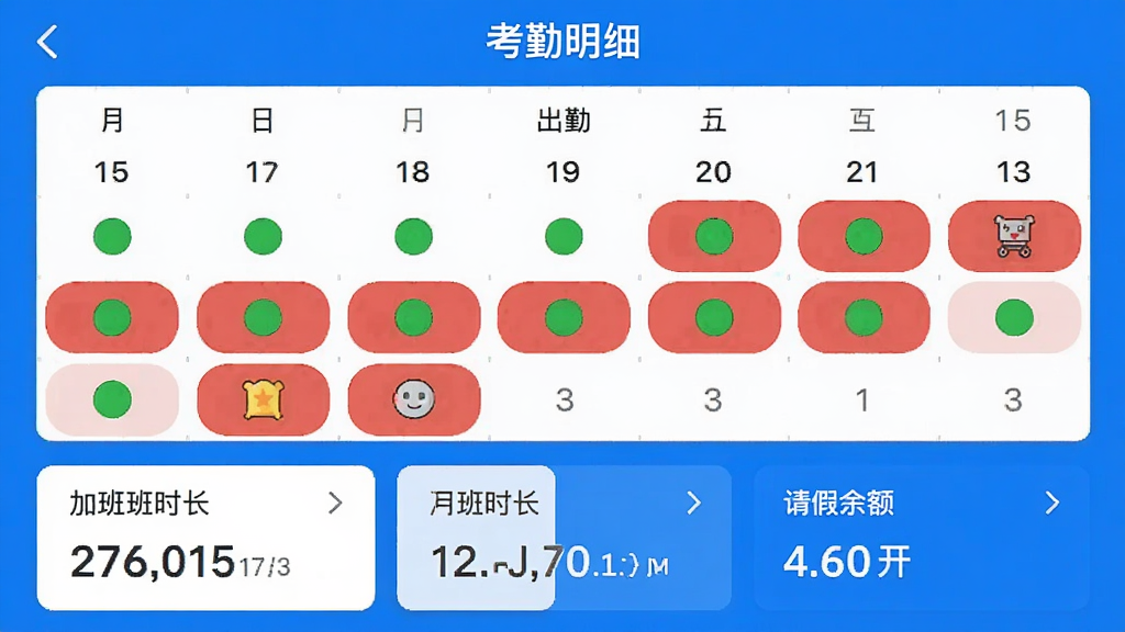咖德App考勤统计页面截图,顶部标题“考勤明细”,中间是月度出勤日历视图,绿色圆点表示正常,红色表示异常,下方是加班时长和请假余额的数字卡片,蓝白配色,界面干净整齐