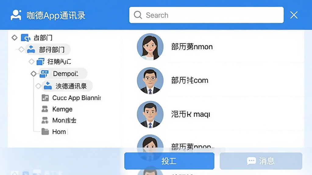 咖德App通讯录界面,左侧是部门树状列表,右侧是员工头像和姓名列表,顶部有搜索框,底部有拨号和消息按钮,整体排版清晰,蓝白主色调,扁平化设计
