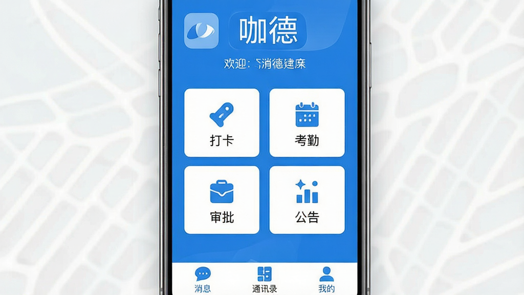 一张手机屏幕展示咖德App主界面,顶部显示“咖德”Logo和欢迎语,中间是打卡、考勤、审批、公告四个大图标按钮,底部是消息、通讯录、我的三个标签,整体布局简洁,蓝白配色,扁平化风格,干净无多余元素,高清画质