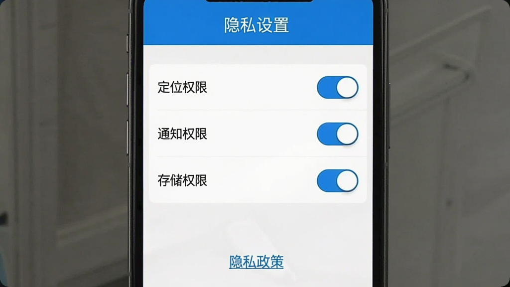 咖德App隐私设置页面截图,顶部标题“隐私设置”,中间是定位权限、通知权限、存储权限的开关列表,底部有“隐私政策”链接,界面简洁,蓝白配色,干净无多余元素