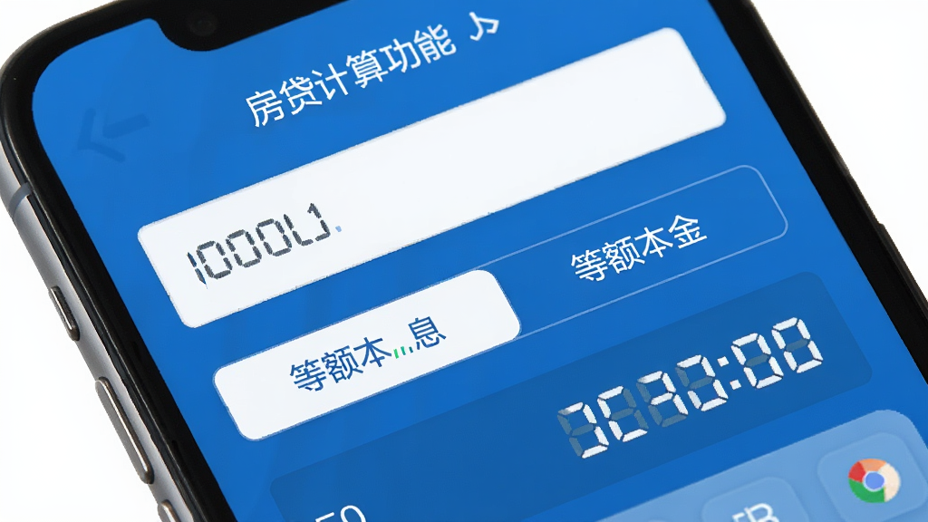 同学多功能计算器 房贷计算功能界面 手机屏幕显示贷款金额输入框和月供计算结果 画面中有等额本息和等额本金切换标签 配色以蓝色和白色为主 界面布局清晰 风格商务简洁 画质干净
