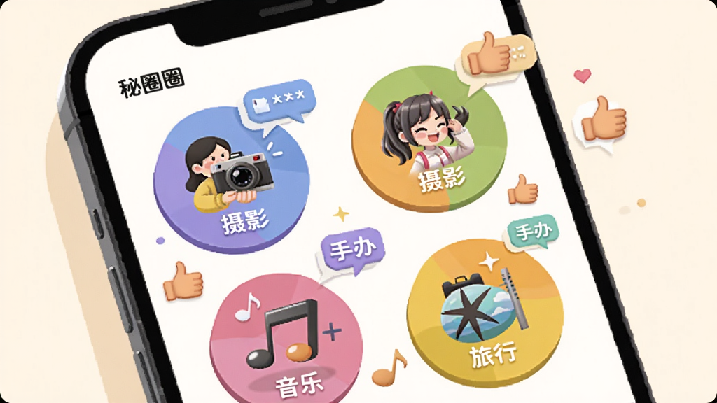 �廭���չʾ����Ȧ��App�ڵ���ȤȦ�ӽ��棬����������һ���ֻ�����Ļ����ʾ�����ɫԲ��ͼ�꣬�ֱ��ע����Ӱ�������ְ족�������֡��������С���ÿ��ԲȦ����һ�����С�����ڻ�������Χ�жԻ���͵������ƣ���������ů���װ�ɫ�����ִ������£����������죬ϸ�ڷḻ�����ʸɾ�