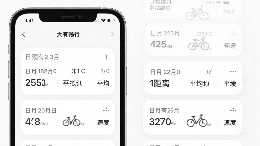 һ��չʾ�����г��С�App���м�¼ҳ����ֻ���ͼ��ҳ���������Ŷ������м�¼��Ƭ��ÿ����Ƭ��ʾ���ڡ����롢ʱ����ƽ���ٶȣ���Ƭ���Բ�󣬱���Ϊ��ɫ������Ϊ���ɫ�������񼫼򣬻��ʸɾ����޶���Ԫ��