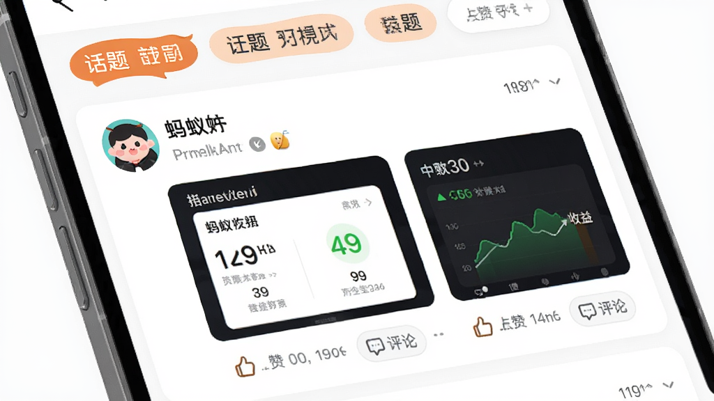 ���ϲƸ�App�������������棬�������û���̬��Ϣ��������Ϊ���������ǩ���м����ӿ�Ƭ���������۰�ť���Ű���ã�������罻�����ڷ磬ϸ����ͷ����ǳ���������ͼ�������ͼ�����ʸ��塢�ɾ����޶���Ԫ�أ�����Ϊ��ɫ��