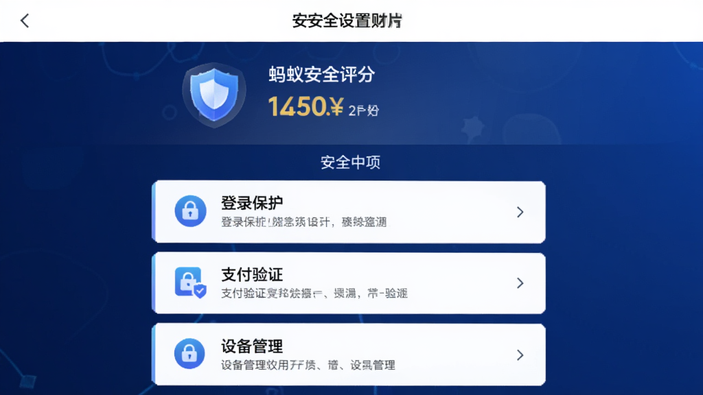 ���ϲƸ�App�İ�ȫ����ҳ�棬�����ǰ�ȫ���Ľ��棬����Ϊ�����˻���ȫ���֡��м䰲ȫѡ���б����¼������֧����֤���豸�������Ű����������ǰ�ȫ�Ƽ��磬ϸ����ͼ���ж��ƺ�������״���������������ʸ��塢�ɾ����޶���Ԫ�أ�����Ϊ����ɫ���䡣