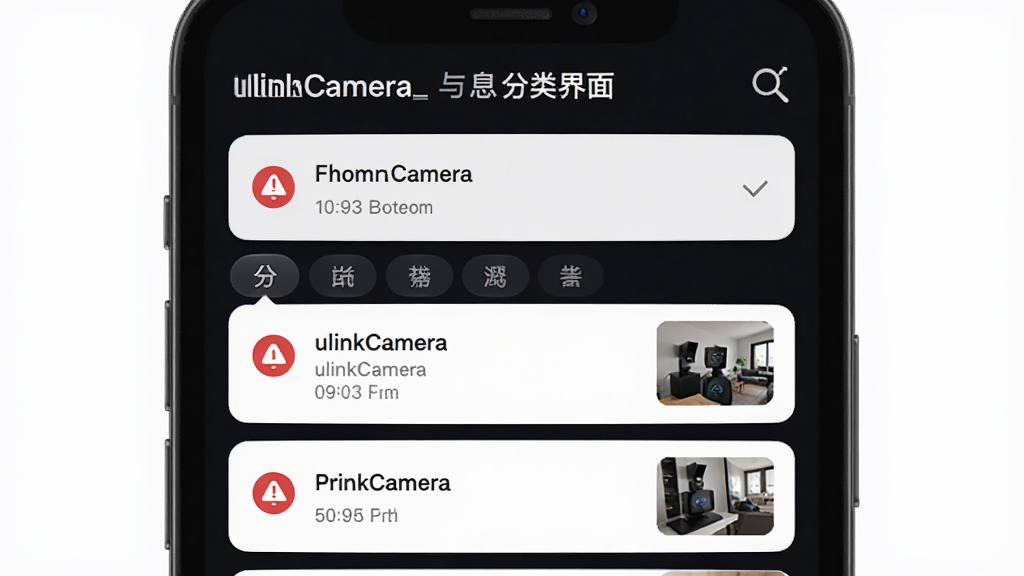 ulinkCamera智能报警推送与消息分类界面,主体是手机通知列表和分类标签,布局为卡片式消息流,排版清晰,风格为轻拟物设计,细节有红色报警图标、时间戳、缩略图,画质高清干净无多余元素