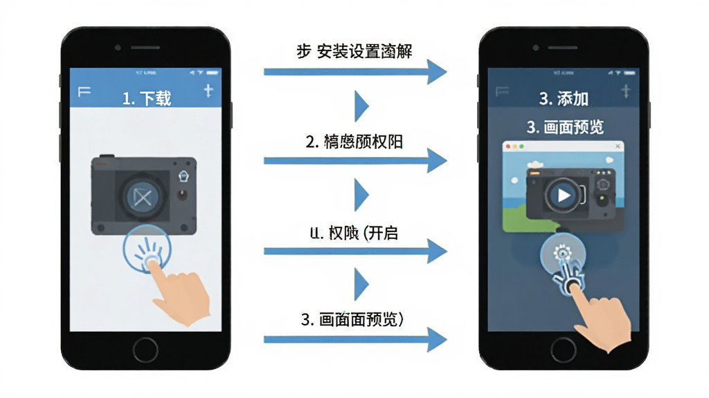 ulinkCamera新手安装设置流程图解,主体是手机屏幕分步展示下载、权限开启、设备添加、画面预览四个步骤,布局为纵向流程排列,排版直观,风格为扁平化教程图示,细节有手指点击图标和箭头引导,画质清晰干净无杂乱元素
