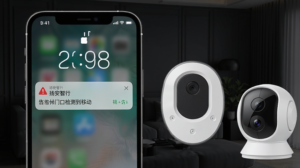 һ��չʾ�ﰲ����App�澯֪ͨ���ܵ�ͼƬ��������һ���ֻ���Ļ����������������ʾһ���ﰲ���еĸ澯����֪ͨ��֪ͨ����Ϊ�ſڼ�⵽�ƶ����ֻ��Ա���һ�������ŴŴ�������һ��С������ͷ����������ɫ�Ҿӻ��������дʵ��ϸ�����������ʸɾ����޶���Ԫ��